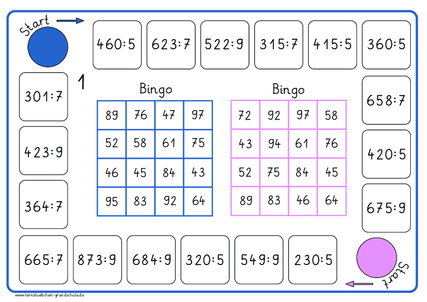 Bingo - halbschriftlich dividieren durch 5, 7 und 9